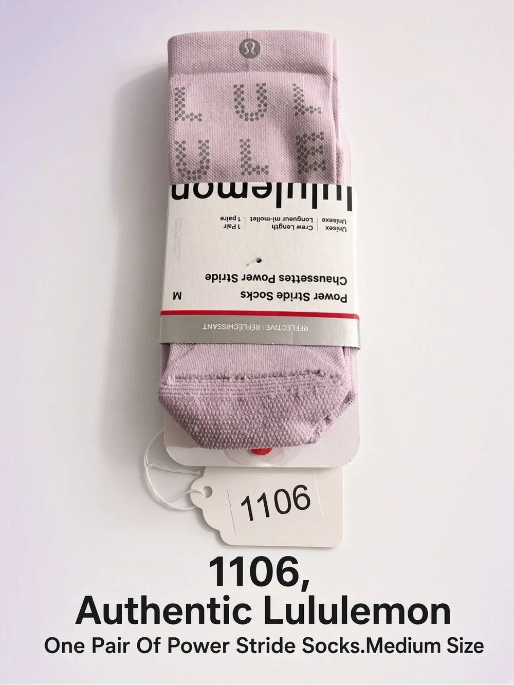 1106, Authentic lululemon Power Stride Crew Socks - Light Lavender. Medium Size